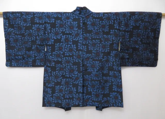 1402T09z410 Vintage Japanese Kimono Silk HAORI Black Chrysanthemum