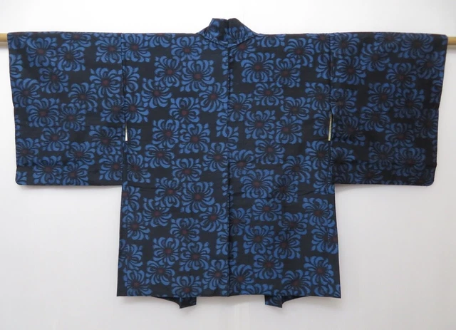 1402T09z410 Vintage Japanese Kimono Silk HAORI Black Chrysanthemum