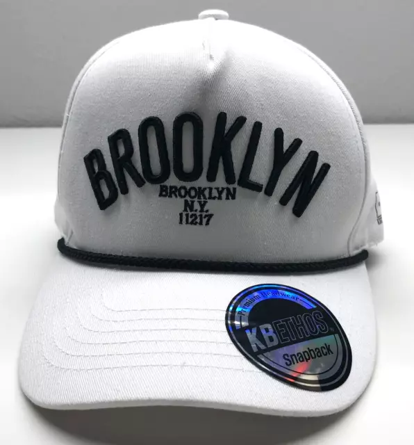Brooklyn NY Kbethos Headwear Baseball Cap White Mens Snapback OSFM Rope
