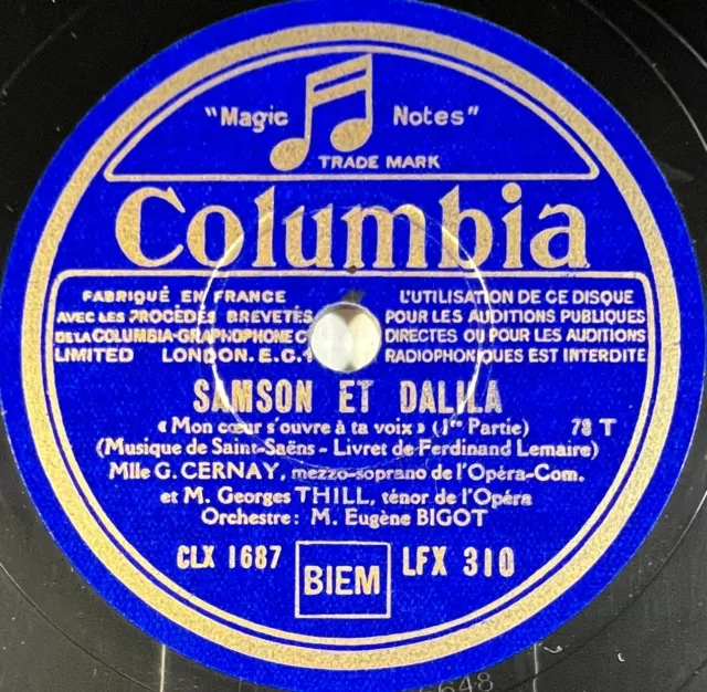 Georges Thill : Samson et Dalila DISQUE 78 RPM 30cm COLUMBIA LFX 310