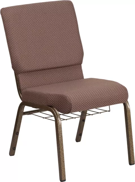 10 PACK 18.5'' Wide Brown Dot Fabric Church Chair with Book Rack and Gold Frame
