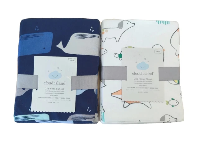 Cloud Island Fitted Crib Sheets LOT Whales Animals Cotton Navy White Elastic