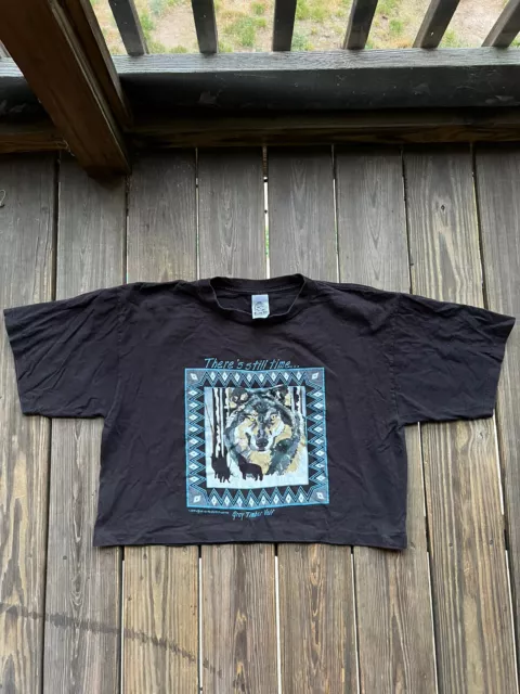 Vintage 1994 EARTH FOUNDATION THERE'S STILL TIME WOLVES T-Shirt XL Black Cropped