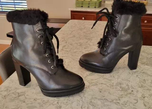 DKNY Women's Boots Black Leather Lace Up Zip Up Combat Fur Tim Size 8.5 39 Heels