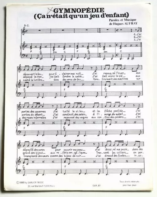 Partition vintage sheet music HUGUES AUFRAY : Gymnopédie * 80's