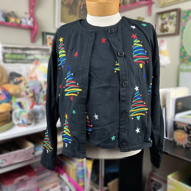 Michael Simon Light Cardigan T-Shirt Set Colorful Christmas Tree Black Knit M