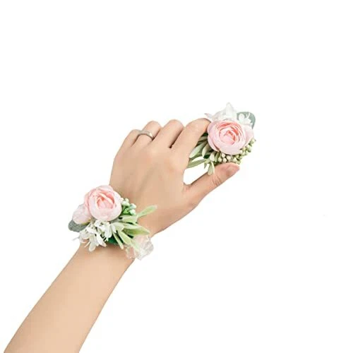Meldel Pink Rose Wrist Corsages for Wedding Set of 6 Wrist Flower Corsages fo...