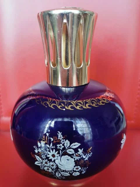 Lampe Berger Paris porcelaine bleue fleurie & dorée vintage