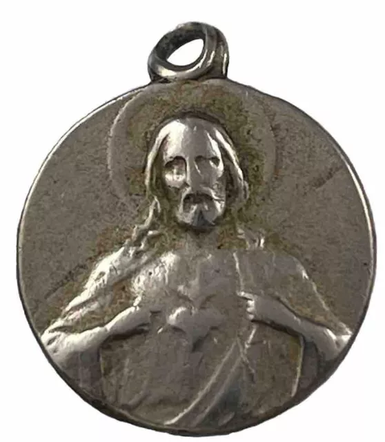 VINTAGE CATHOLIC SACRED Heart Jesus Petite Silver Tone Religious Medal ...
