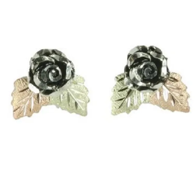 10k black hills gold and sterling silver antiqued two leaf rosebud earrings