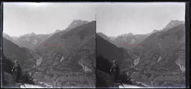 Alpes Montagnes Femme c1930 Photo NEGATIVE Plaque de verre Vintage Stereo VR16L