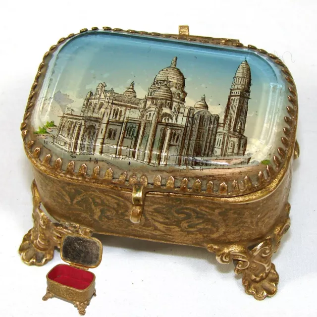 Antique French Eglomise Jewel Casket or Patch Box, a Souvenir of Sacre Coeur