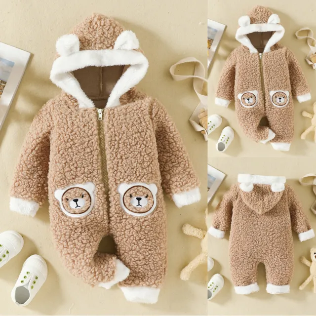 Newborn Baby Girls Boy Romper Cute Bear Warm Hooded Coat Jumpsuit Clothes Outfit