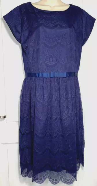 Shabby Apple Navy Lined Lace short sleeve Dress Size 12 Ribbon bow belt NWT