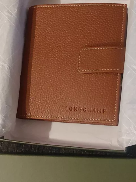 New Longchamp Cognac Tan Pebbled Bi Fold Snap Leather Wallet with Kisslock Coin