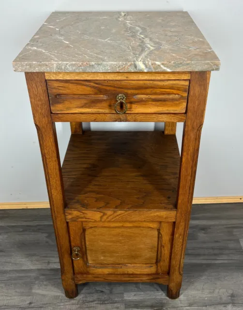 Carved French Antique Bedside Table Cupboard Cabinet With Marble Top (LOT 2736)
