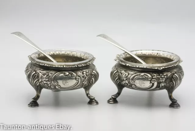 Heavy cast salts glass liners solid sterling silver Charles Stuart Harris 1883