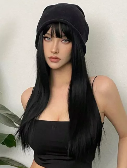Perruque Synthétique Noire Longue Avec Frange - Style Lisse, Bonnet Moyen - Neuf Sans étiquette