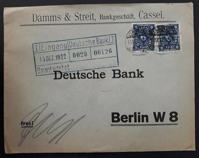 1922 Germany Cover ties 2 stamps cancelled Cassel to German Bank Berlin