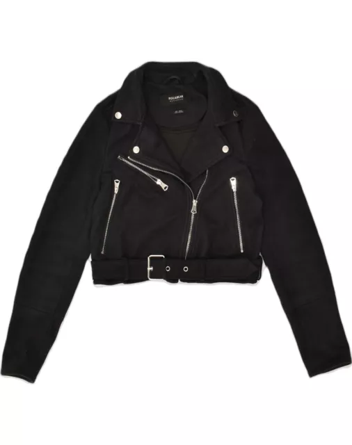 PULL & BEAR Womens Crop Biker Jacket UK 10 Small Black Polyester AI06