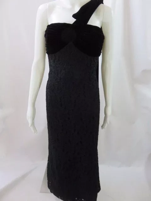 Carmen Marc Valvo Black Lace One Shoulder Formal Gown Dress Size 10