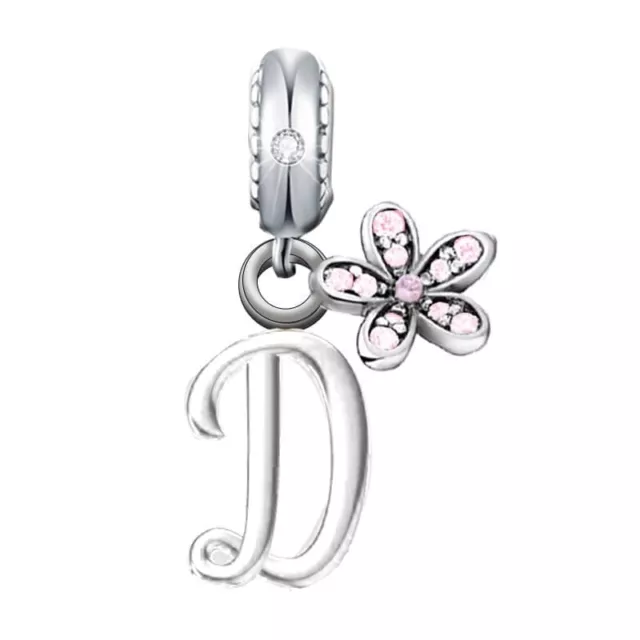 Letter D Name Initial Pink Daisy Flower Charm 💜 925 Sterling Silver Gift