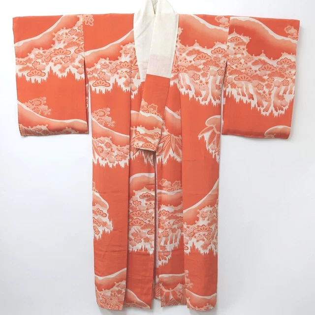 8873B2 Silk Vintage Japanese Kimono Juban Pine Tree Plum blossom Rinzu 2