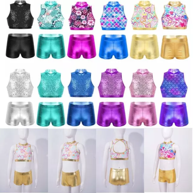 Kids Girls Dance Outfits Shiny Sequins Crop Top Shorts Sets Gymnastics Dancewear