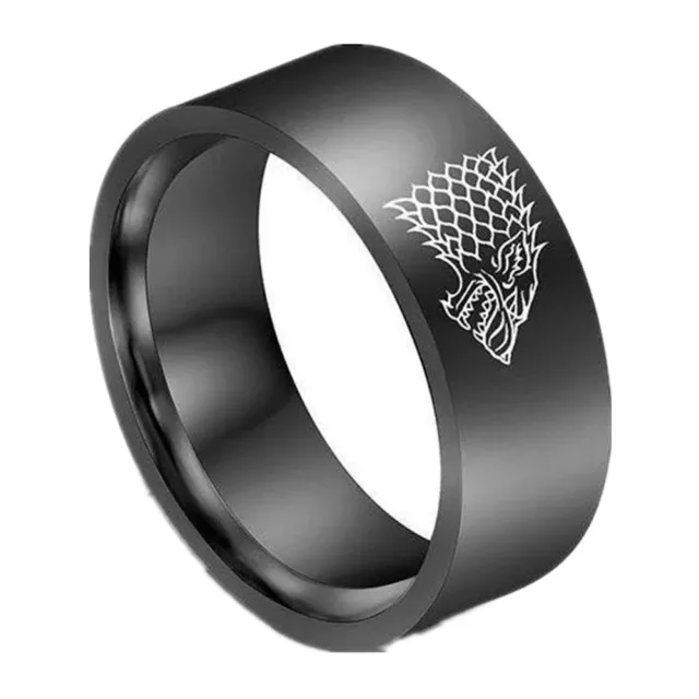 House of Stark Game Thrones Rings Direwolf Wolf Mens Black Stainless Steel Ring