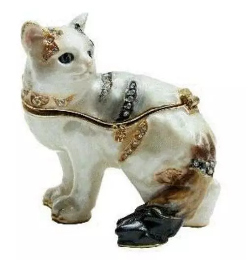 Jeweled Enameled Pewter White Cat Hinged Trinket Jewelry Box by Terra Cottage