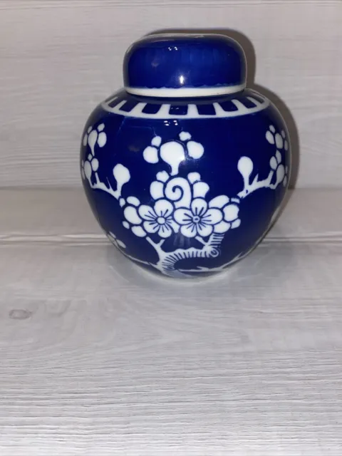 Chinese Porcelain Blue White Ginger Prunus Blossom Jar Lid Double Ring Mark 5”