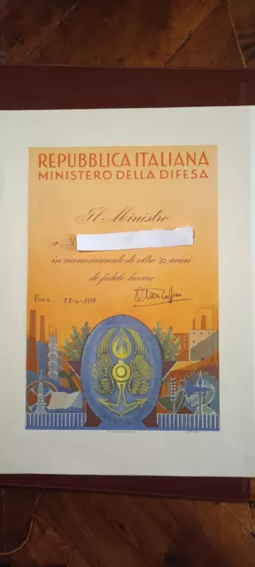 ATTESTATO DIPLOMA BENEMERENZA riconoscimento 30 anni lavoro MINIS DIFESA  1979