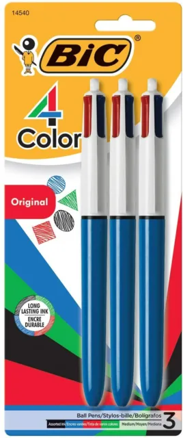 BIC 4-Color Retractable Ballpoint Pen 1mm Black Blue Green Red Ink Blue Barrel