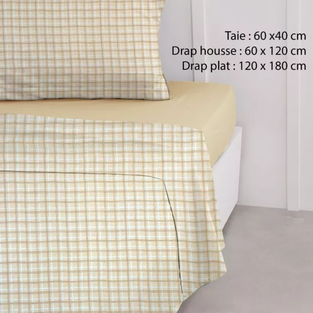 Parure de lit 1 personne taie 60x40 drap housse 60x120 drap plat 120x180 cm