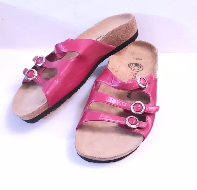 Euro Wellness Womens Sandals Pink Leather 3-Buckle Strap Slide Near Mint 8/38.5