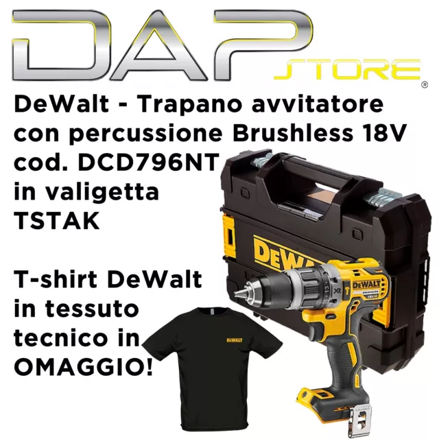 DEWALT - Trapano avvitatore con percussione Brushless 18V cod.DCD796NT + T-Shirt