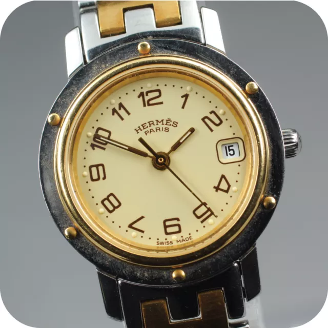 [Exc+5] Vintage HERMES Clipper 31mm Silver Gold Women's Watch From JAPAN