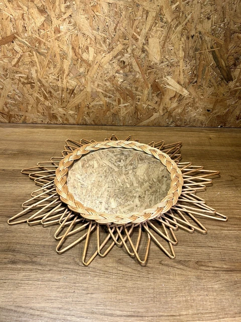 Antiguo Espejo Sol Ratán, Bambú, Años 60,70 ', Deco Vintage, Pop, Diseño