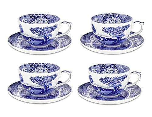 Spode Blue Italian Teacups and Saucers - Set of 4 20 ounce