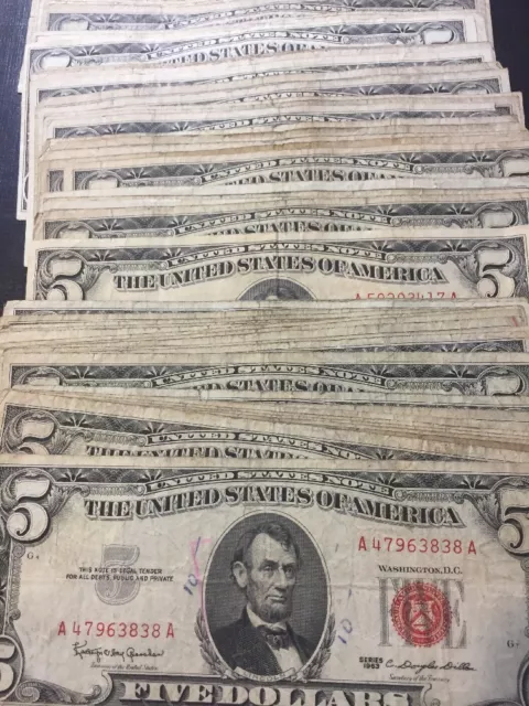 1963 Well Circulated Five Dollar Bill $5 • 1963 Five Dollar Note • Buying 1 Bill 2