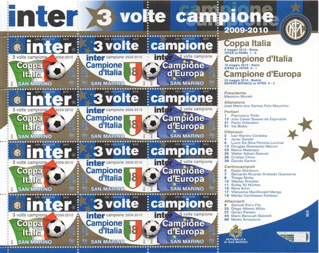 2010 San Marine Inter 3 Mal Meister Kleinbogen Neu MNH MF68533