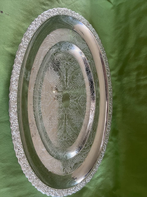 Vintage Oval Chromium Plate Serving Tray with Pretty Engraving