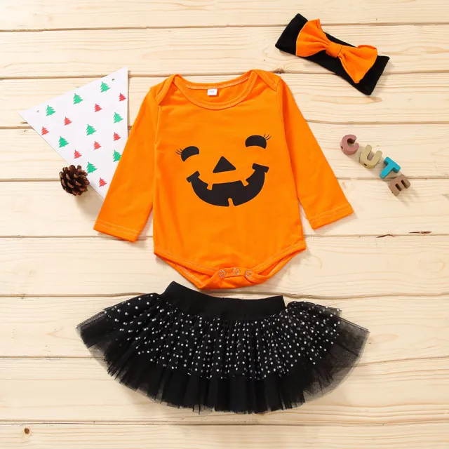 Toddler Baby Girls Outfit Romper Tutu Skirt Pumpkin Mesh Dress Clothes Set