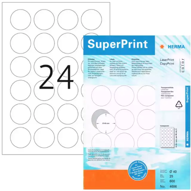 600 HERMA 4686 Etiketten transparent A4 Ø 40 mm rund wetterfeste Folienetiketten