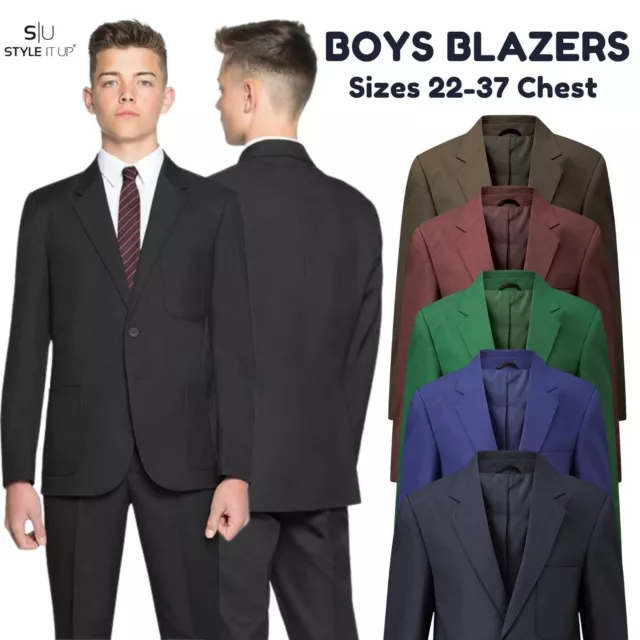 Boys 2 Button Blazer Formal Wedding Smart Uniform Woven Twill Suit Jacket UK