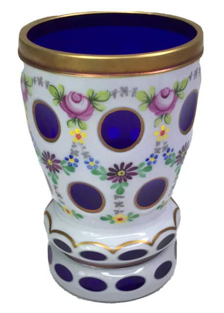 Vintage Bohemian Czech Glass Vase White Cut to Colbolt Blue Handpainted Floral