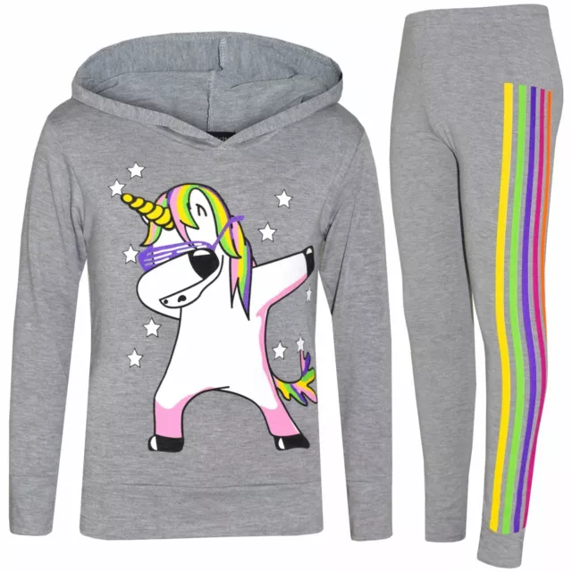 Kids Girls Tracksuit Unicorn Rainbow Dab Floss Grey Top Legging Xmas Set 7-13 Yr