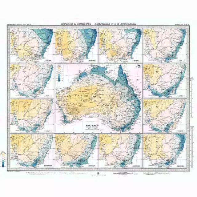 AUSTRALIA Isobars and Isohyets by Months of the Year; Rainfall -Antique Map 1899