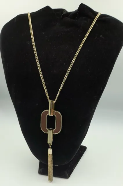 Vintage Modernist Gold Tone Wood Geometric Pendant Necklace Adjustable 46 Inches