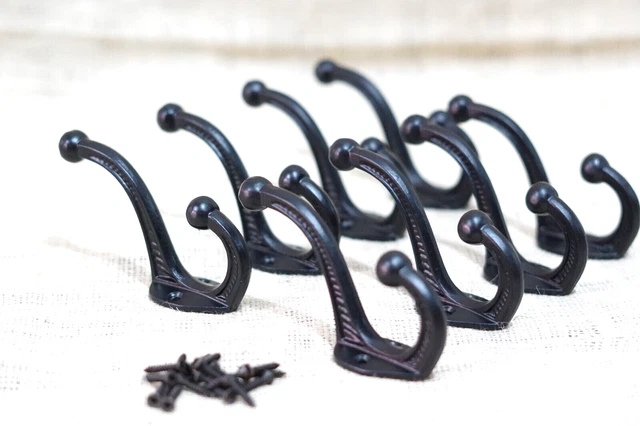 8 Cast Iron Black School Style Coat Hooks Hat Hook Rack Hall Tree Acorn Hook